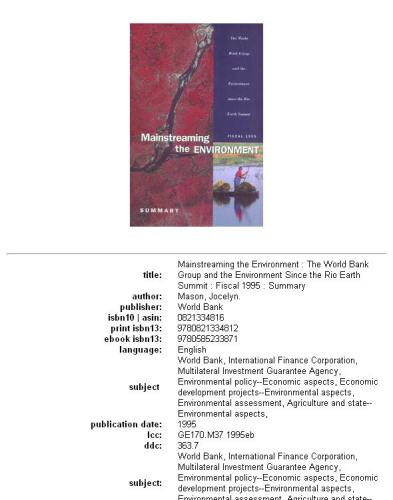 Mainstreaming the environment: the World Bank Group and the environment since the Rio Earth Summit : fiscal 1995 : summary