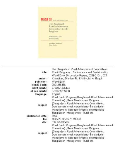 The Bangladesh rural advancement committee's credit programs: performance and sustainability, Parts 63-324