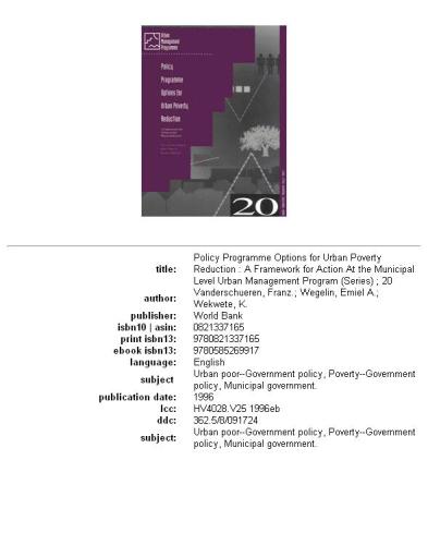 Policy programme options for urban poverty reduction: a framework for action at the municipal level