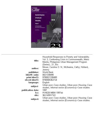 Household Responses to Poverty and Vulnerability: Confronting Crisis in Commonwealth, Metro Manila, the Philippines