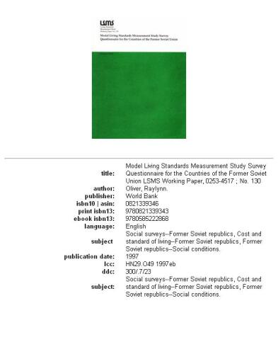 Model living standards measurement study survey questionnaire for the countries of the former Soviet Union