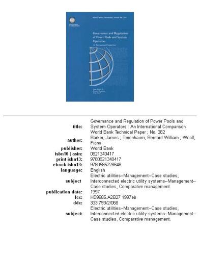 Governance and regulation of power pools and system operators: an international comparison