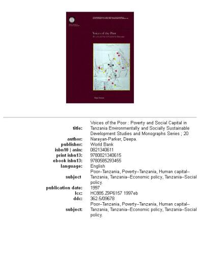 Voices of the poor: poverty and social capital in Tanzania