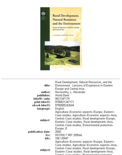 Rural development, natural resources, and the environment: lessons of experience in Eastern Europe and Central Asia