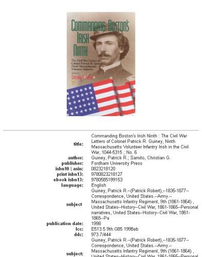 Commanding Boston's Irish Ninth: the Civil War letters of Colonel Patrick R. Guiney, Ninth Massachusetts Volunteer Infantry
