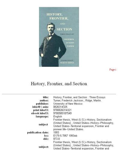 History, frontier, and section: three essays