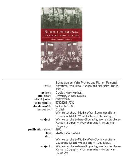 Schoolwomen of the prairies and plains: personal narratives from Iowa, Kansas, and Nebraska, 1860s-1920s