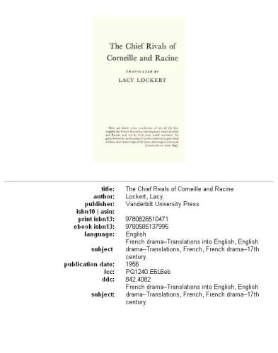 The Chief Rivals of Corneille and Racine
