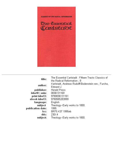 The essential Carlstadt: fifteen tracts