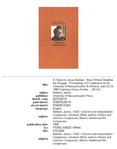 Black writers redefine the struggle: a tribute to James Baldwin : proceedings of a conference at the University of Massachusetts Amherst, April 22-23, 1988 featuring Chinua Achebe ...  et al. 