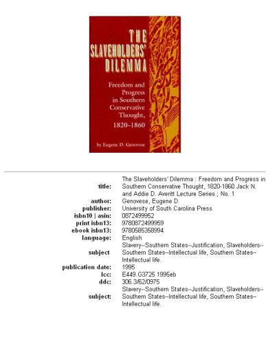 The slaveholders' dilemma: freedom and progress in southern conservative thought, 1820-1860