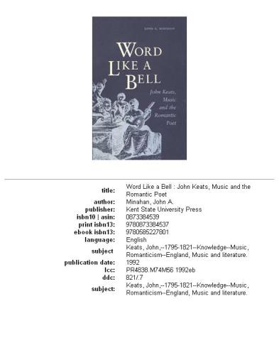 Word like a bell: John Keats, music and the romantic poet
