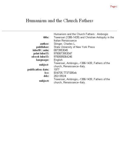 Humanism and the church fathers: Ambrogio Traversari (1386-1439) and Christian antiquity in the Italian Renaissance