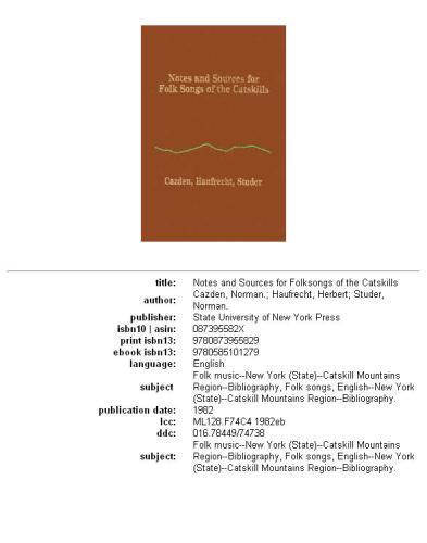 Notes and sources for folksongs of the Catskills