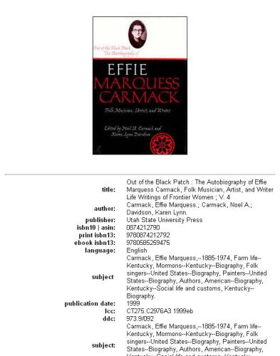 Out of the black patch: the autobiography of Effie Marquess Carmack, folk musician, artist, and writer