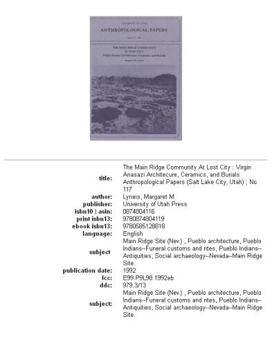 The Main Ridge community at Lost City: Virgin Anasazi architecture, ceramics, and burials