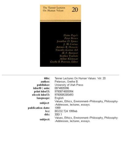 The Tanner Lectures on Human Values Vol. 20