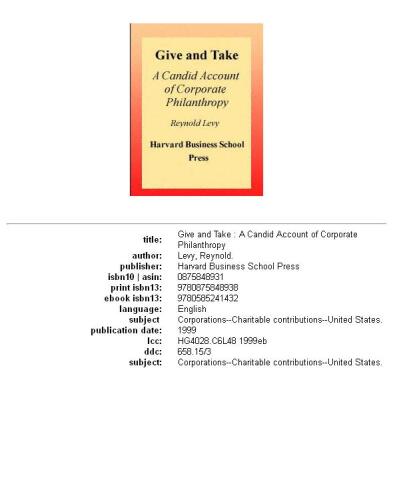 Give and take: a candid account of corporate philanthropy