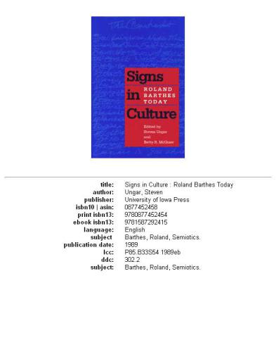 Signs in culture: Roland Barthes today