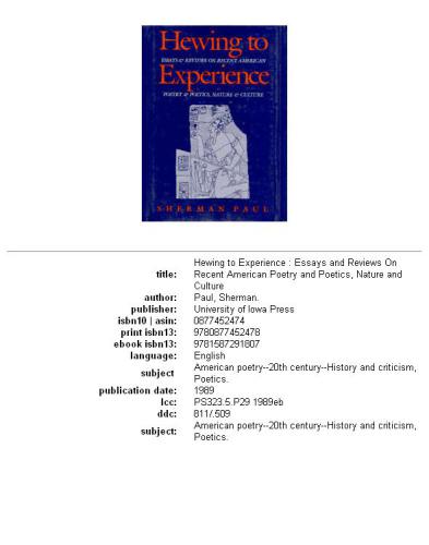 Hewing to experience: essays and reviews on recent American poetry and poetics, nature and culture