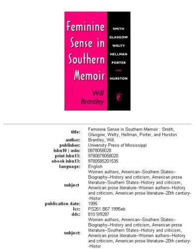 Feminine Sense in Southern Memoir: Smith, Glasgow, Welty, Hellman, Porter, and Hurston