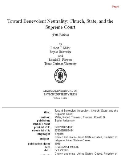 Toward benevolent neutrality: church, state, and the Supreme Court, Volume 1