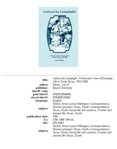 Letters by lamplight: a woman's view of everyday life in South Texas, 1873-1883