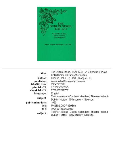 The Dublin stage, 1720-1745: a calendar of plays, entertainments, and afterpieces