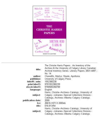 The Christie Harris papers: an inventory of the archive at the University of Calgary Library