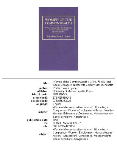 Women of the commonwealth: work, family, and social change in nineteenth-century Massachusetts