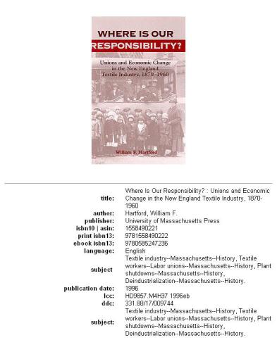 Where is our responsibility?: unions and economic change in the New England textile industry, 1870-1960