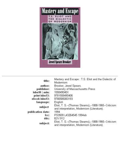 Mastery and escape: T.S. Eliot and the dialectic of modernism