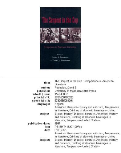 The serpent in the cup: temperance in American literature
