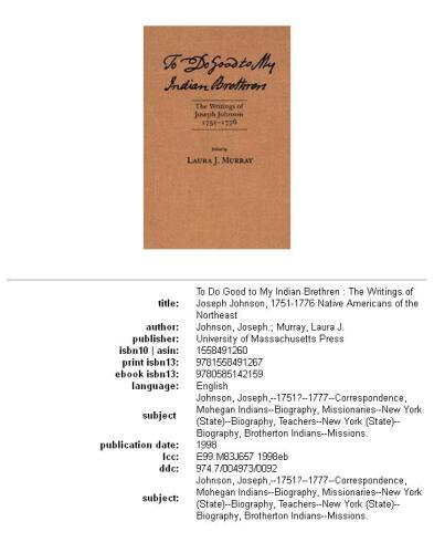 To do good to my Indian brethren: the writings of Joseph Johnson, 1751-1776