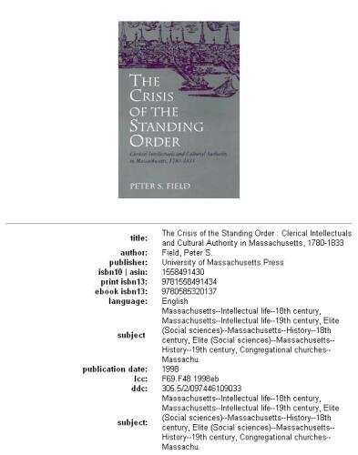 The crisis of the standing order: clerical intellectuals and cultural authority in Massachusetts, 1780-1833