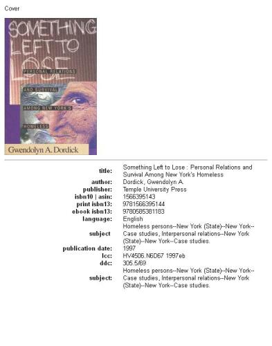 Something left to lose: personal relations and survival among New York's homeless