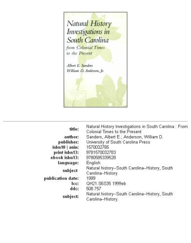 Natural history investigations in South Carolina: from colonial times to the present