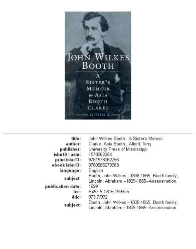 John Wilkes Booth: A Sister's Memoir