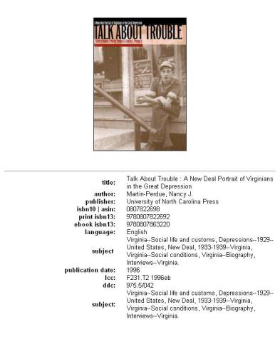 Talk About Trouble: A New Deal Portrait of Virginians in the Great Depression