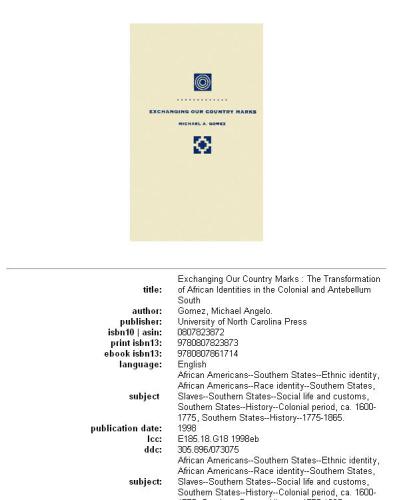 Exchanging Our Country Marks: The Transformation of African Identities in the Colonial and Antebellum South