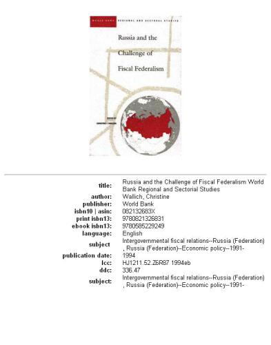 Russia and the Challenge of Fiscal Federalism (World Bank Regional and Sectoral Studies)