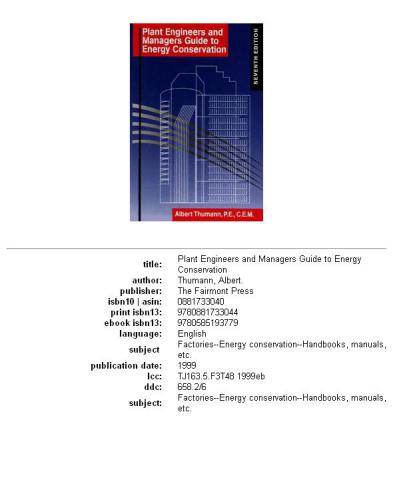 Plant Engineers and Managers Guide to Energy Conservation