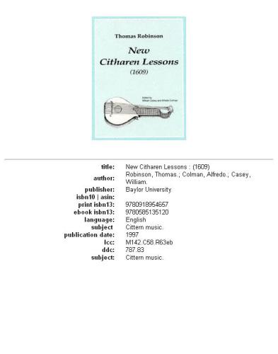Thomas Robinson's New Citharen Lessons: 1609
