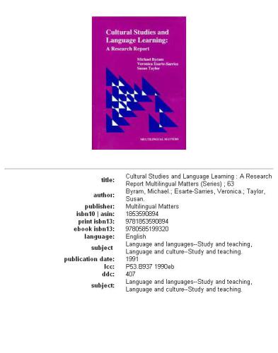 Cultural Studies and Language Learning: A Research Report (Multilingual Matters)