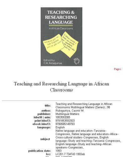 Teaching and Researching Language in African Classrooms (Multilingual Matters)