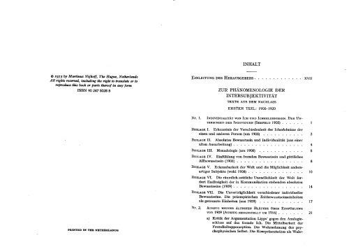Zur Phänomenologie der Intersubjektivität: Texte aus dem Nachlaß. Erster Teil. 1905-1920