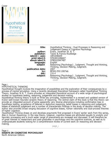 Hypothetical Thinking: Dual Processes in Reasoning and Judgement (Essays in Cognitive Psychology)