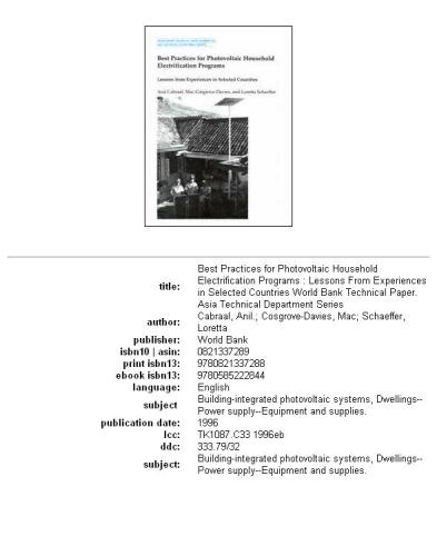 Best Practices for Photovoltaic Household Electrification Programs: Lessons from Experiences in Selected Countries (World Bank Technical Paper)