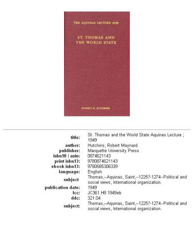 St. Thomas and the World State (Aquinas Lecture  14)