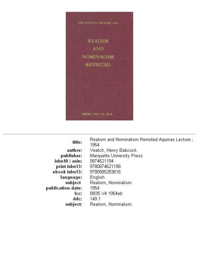 Realism and Nominalism Revisited (Aquinas Lectures 19)